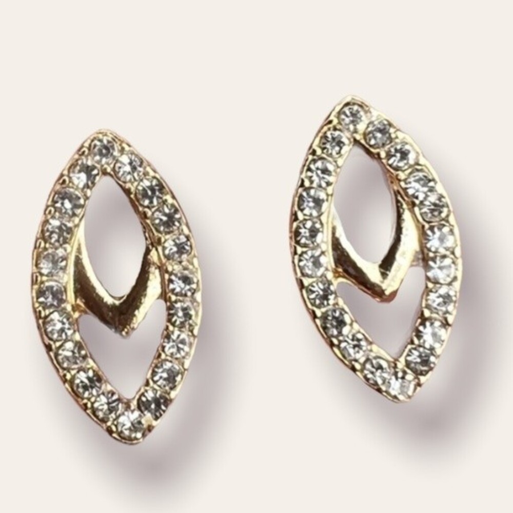 Vintage Earrings Gold Tone Crystal Rhinestone Marquise Studs